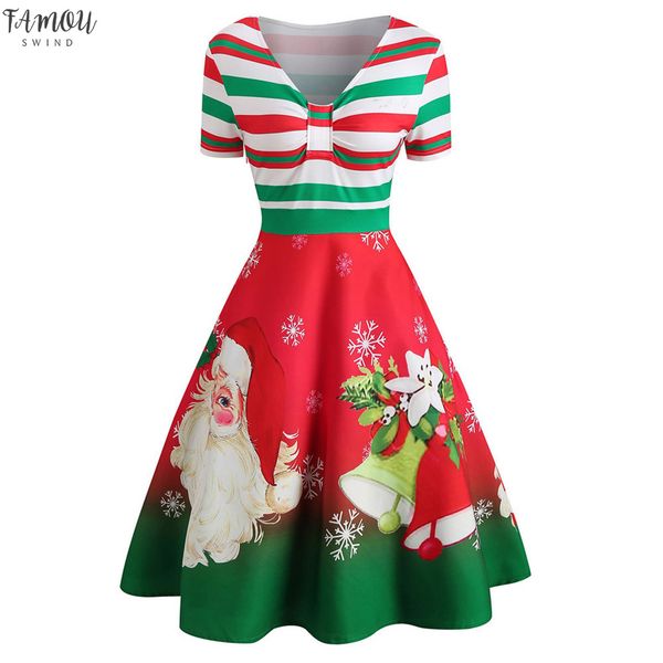

christmas dress winter fashion womens christmas santa claus stripe print v-neck vintage swing dresses vestidos de festa#guahao, Black;gray