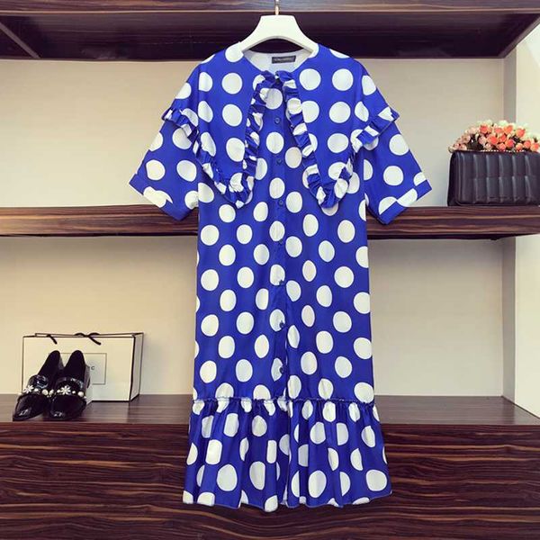 

xl-4xl плюс размер женщин синий горошек рубашка платье лето 2020 симпатичные питер пэн воротник с коротким рукавом свободные повседневные пл, White;black
