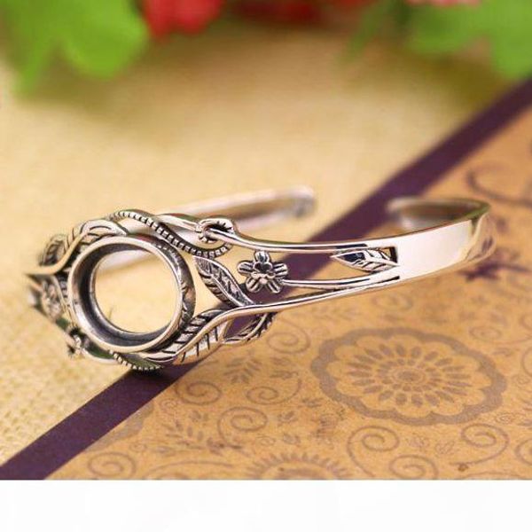 

art nouveau flower 12x15mm oval cabochon semi mount bracelet 925 sterling silver antique retro flower leaves, White