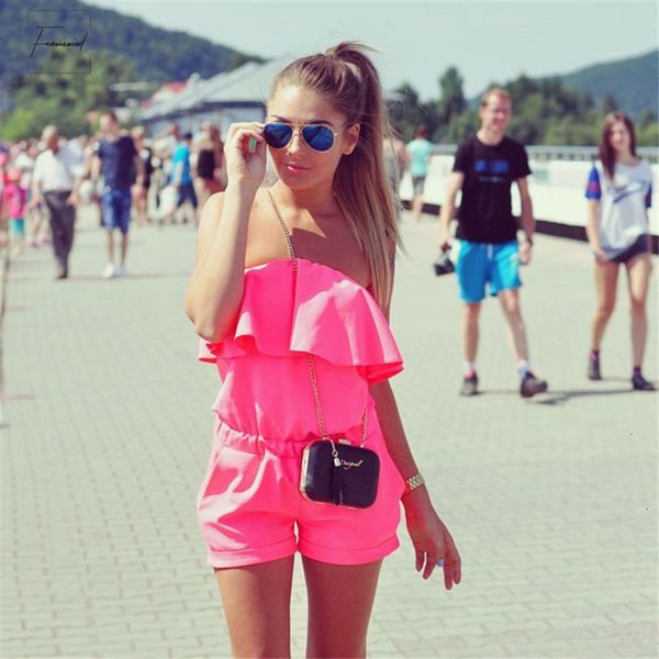 

strapless jumpsuit summer off shoulder playsuits ruffles shorts set beach womens rompers fs0222 drop shipping good quality, Black;white