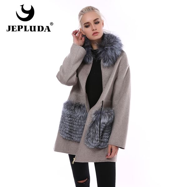 

jepluda cashmere coat women's 100% natural wool with fur collar real fur coat women autumn real jacket wool, Black