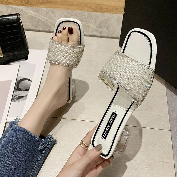 

female shoes string bead glitter slides transparent slippers fashion shose women low med 2020 jelly soft hoof heels, Black