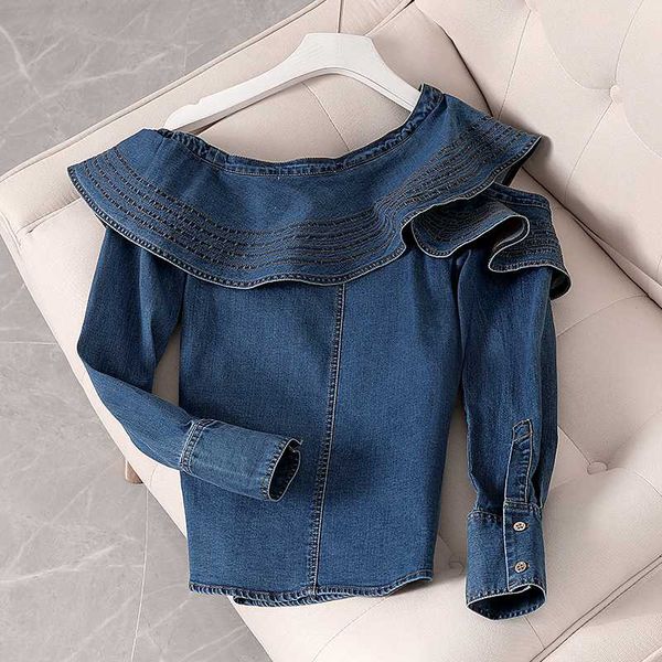 

retro port style denim shirt female autumn 2020 new long sleeve lotus leaf edge shoulderless design jean blouse lady, White