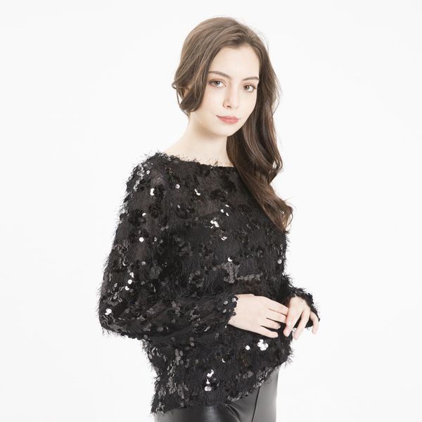 

4 color 2019 fasahion autumn women lady sequined sweater elastic solid o neck sweater women loose perspective pullovers, White;black