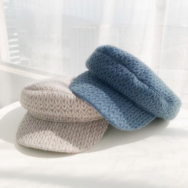 

kitted cotton octagonal hat women men winter fashion newsboy caps solid color painter hat trend street beret, Blue;gray