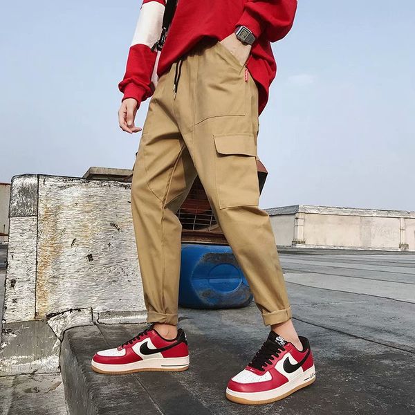 

summer multi-pockets bib overall men japanese-style street fashion loose straight casual pants harem pants sub-fashion, White;black