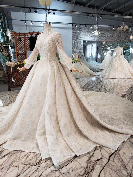 

2020 new style hand nail bead high collar perspective neckline high end customized luxury long sleeve tailed wedding dress, White