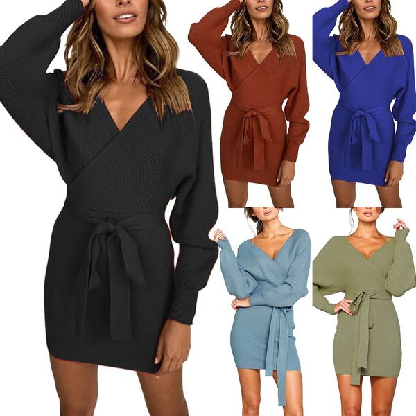 

2019 new sexywomen v neck knitted sweater bodycon dress belted backless knitwearlong slim dresses 14#hot, Black;gray