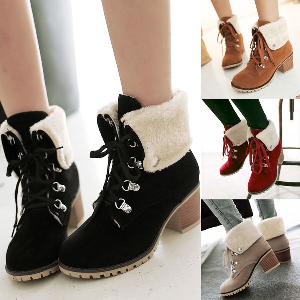 

women suede round toe pure color square heels lace-up keep warm snow booties, Black