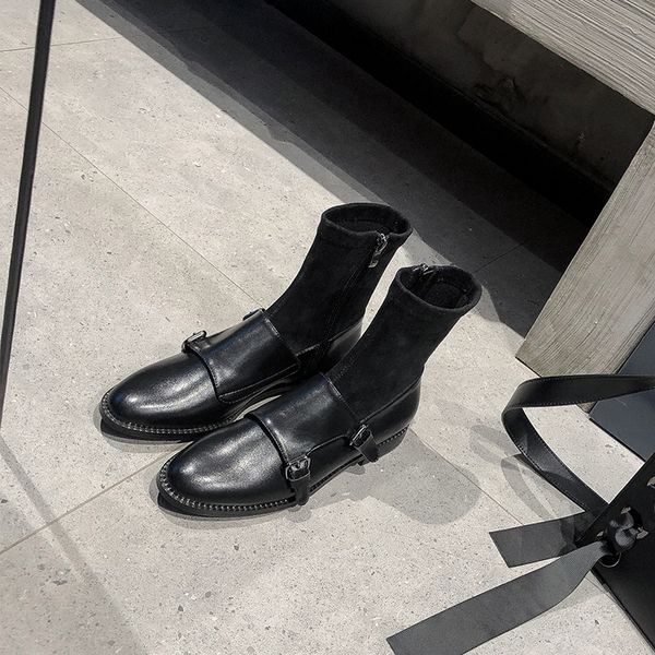 

buckle straps ankle boots women stretch fabric slim boots thick heel black shoes women fashion designers sock motorcycle
