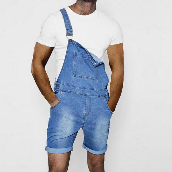 

oeak men's fashion denim overalls new summer solid color slim fit straight short jeans bib overall casual jumpsuit with pocket, Blue