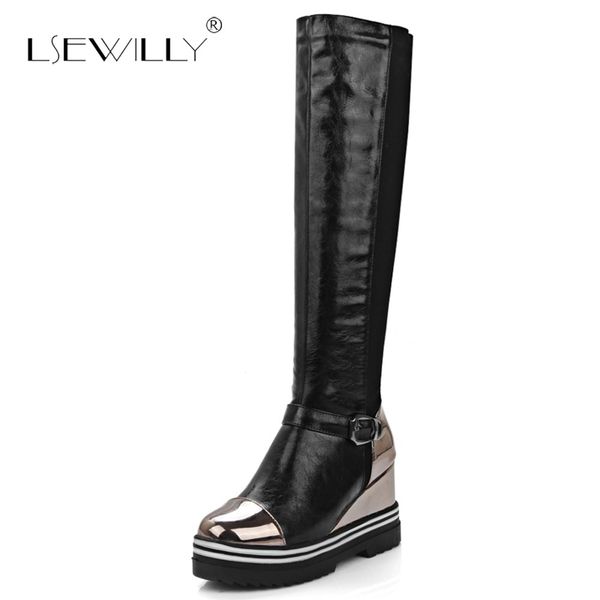 

lsewilly size 34-43 women knee high wedges boots women height increasing long boots warm winter shoes botas footwears s544, Black