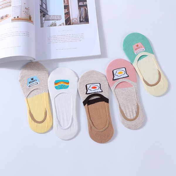 

silica gel anti-slip hidden women's socks women's hamburg no-show socks cute cartoon cotton spring and summer thin wholesa, Black;white