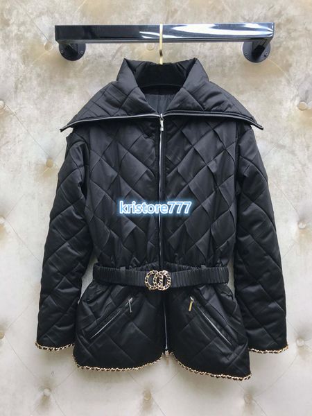

luxury design women's plaid pleated jacket chain woven edge with letter belt padded cotton parka outerwear the high end girls runway co, Black;brown