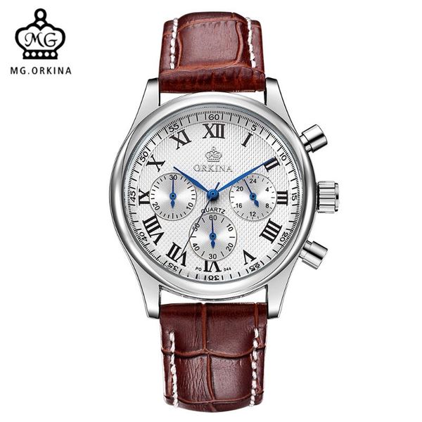 

mg. orkina quartz-watch stainless steel case leather band japan miyota js20 movement chronograph men wrist watch clock men, Slivery;brown