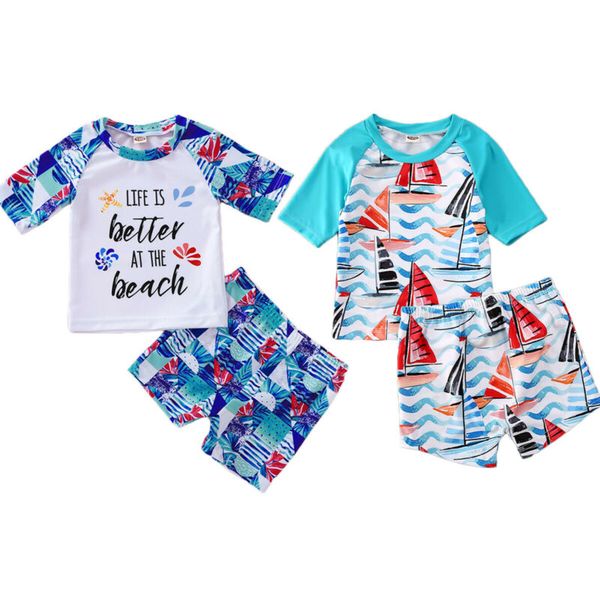 

2pcs toddler baby kids boys swimwear sets cartoon print pullover +shorts bathing suit bikini outfits swimsuit set, White