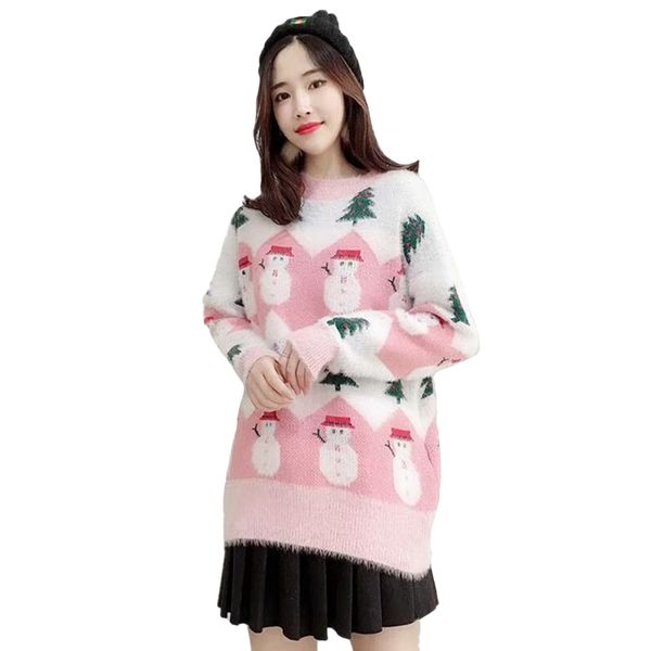 

christmas ladies pullover sweater mohair christmas snowman o-neck sweater autumn winter loose long sleeve plush knit, White;black
