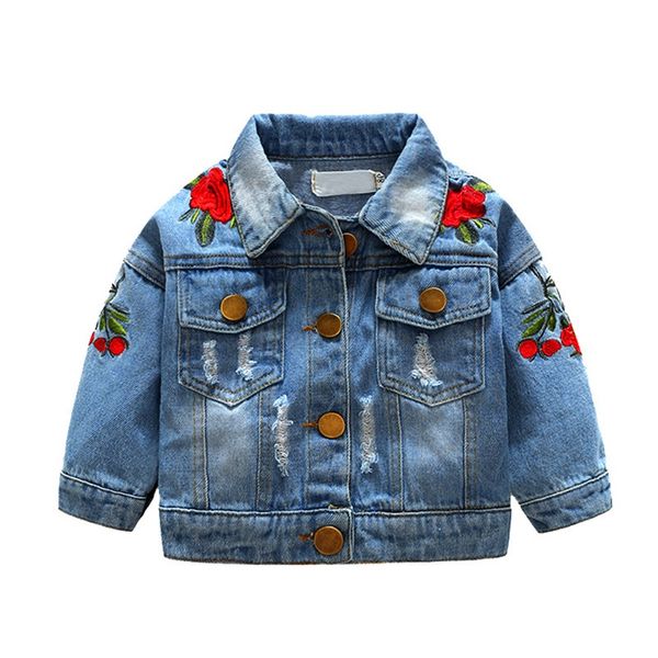 

girls jean jackets kids baby rose embroidery coat long sleeve button denim jackets girls 1-5y new