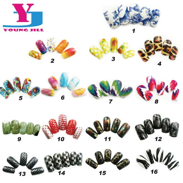 

16 designs art fake nails full cover 12pcs/set colorful nail tips artificial plastic false manicure uv gel nails with glue, Red;gold