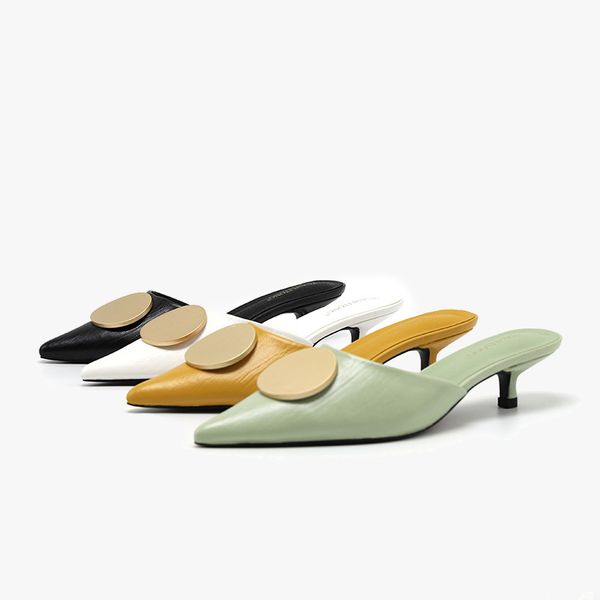 

metal decoration mules women fashion spike heels shoes pointed toe slippers shallow slip on slides zapatos mujer, Black