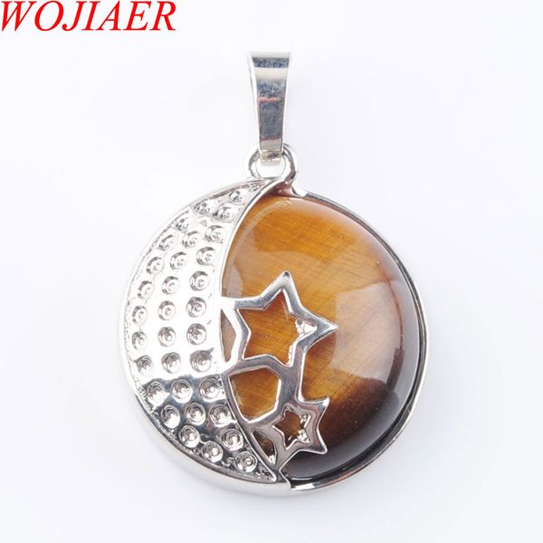 

wojiaer crescent moon pingente necklace pentagrama estrela do sexo feminino mulheres de pedra natural tiger s eye jÃ³ias 18 inches dn3590, Silver