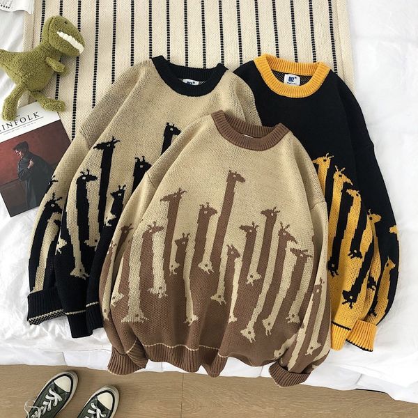

2019 autumn and winter wear new giraffe animal print stitching loose plus velvet bottoming homme sweater chinese style yellow, White;black