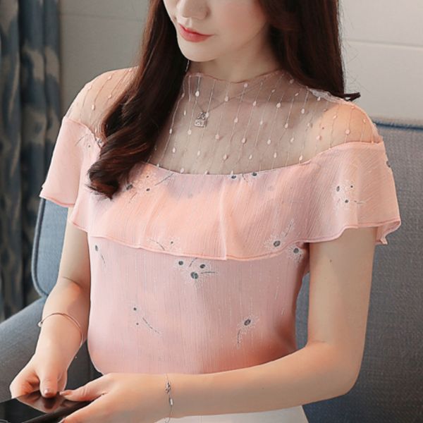 

women's blouses & shirts womens and summer short sleeve blouse women blusas mujer de moda 2021 ruffles print chiffon shirt c874, White