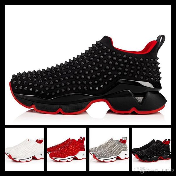 

newst designers fashion brand red bottom studded spikes flats shoes for men women glitter party lovers genuine leather casual sneakers, Black