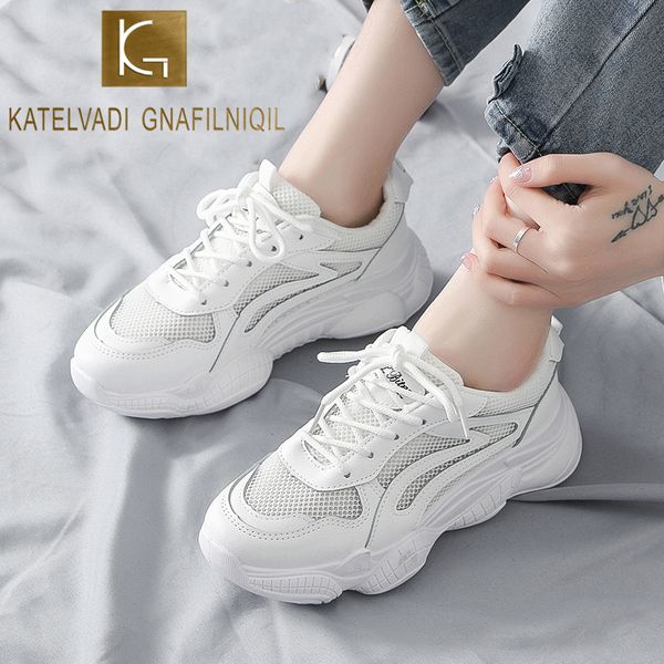

katelvadi women clunky sneakers 2020 fashion casual shoes woman comfortable breathable white female platform sneakers fl017 y200424, Black