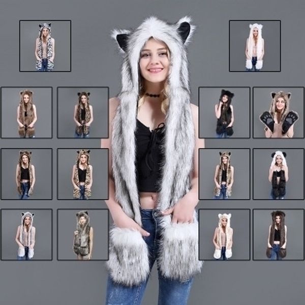 

ladies girls animal wolf tiger hood faux fur winter cute warm scarves women 3 in 1 scarf hat glove suit, Blue;gray