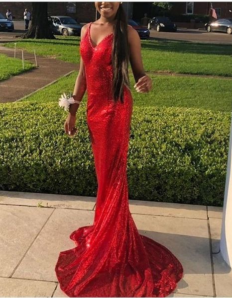 

sequined red mermaid prom dresses v-neck sleeveless evening dress sweep train women evening gowns spaghetti zipper prom dress, Black