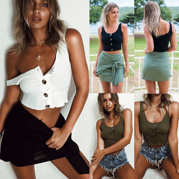 

women summer strap tanks casual low-cut tanks vest sleeveless botton 2019 famale short camisoles, White