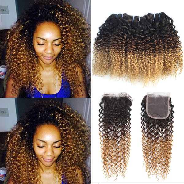 

brazilian kinky curly ombre human hair 3 bundles with 4*4 lace closure 3 tone 1b 4 27# blonde ombre curly virgin hair weaves, Black