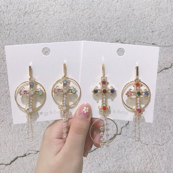 

mengjiqiao 2019 new vintage luxury colorful crystal cross dangle earrings for women elegant circle tassel party jewelry gifts, Silver