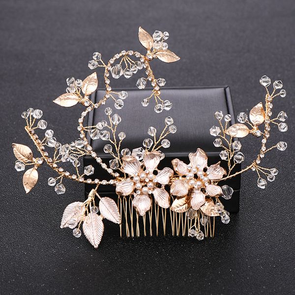 

vintage gold crystal pearl wedding hair combs for bridal hair accessories headpiece tiara wedding ornaments head jewelry, Golden;white