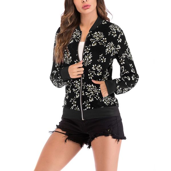 

print bomber jacket women flowers zipper up retro coat spring summer long sleeve basic plus size short biker jackets female, Black;brown