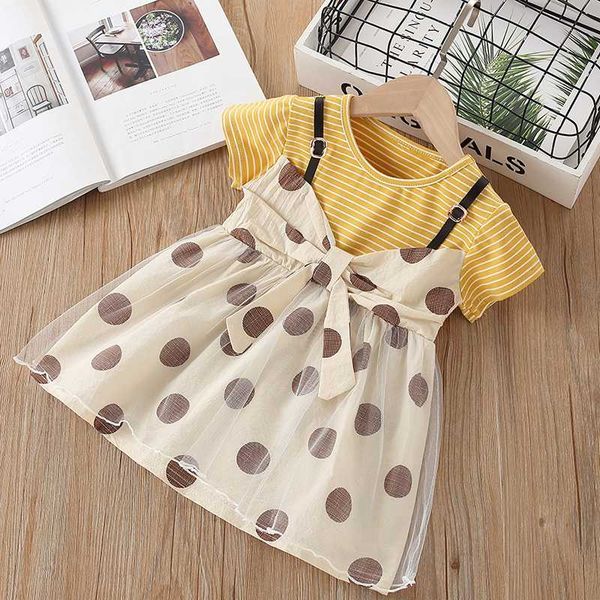 

новые моды для девочек платье прекрасные поддельные из двух частей ремень платье детская короткими рукавами mesh 1-4t, Red;yellow