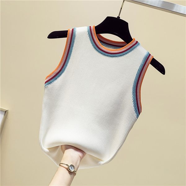 

women striped color collision knitted vest female lady girls suspenders waistcoats thin summer ice silk sleeveless tank, White