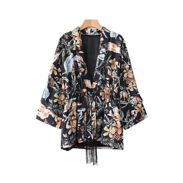 

women v neck vintage floral kimono coat tassels tie three quarter sleeve female casual loose outerwear retro fit, Black;brown