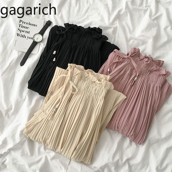 

gagarich women casual pleated pants korean loose elastic waist ankle length pants solid color lady stylish chic chiffon trousers, Black;white