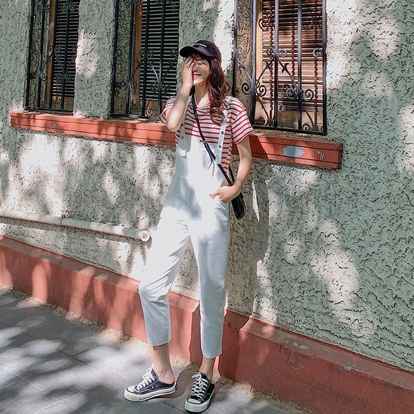 

summer fashion fresh bib pants youthful student wild jumpsuit korean casual overalls female, Black;white