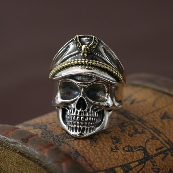 

s925 sterling silver fashion jewelry personality male retro thai silver skull ring exaggerated pirate captain index finger ring c18122501, Slivery;golden