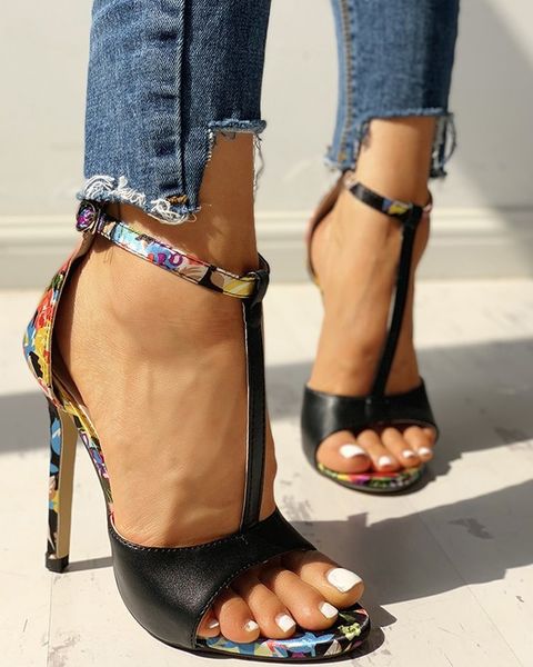 

summer stiletto flowers sandals women t strap high heels sandals ladies open toe bride party wedding shoes lady footwear, Black