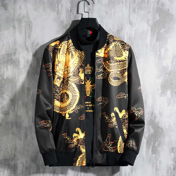 

golden dragon print jacket men streetwear bomber jacket men hip hop coat coat windbreaker 5xl 2020, Black;brown