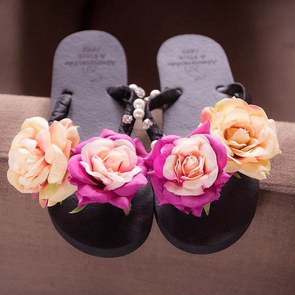 

3cm high heel women's summer pure handmade flower sandals beach vacation flip-flops womens slippers indoor flip flops women, Black