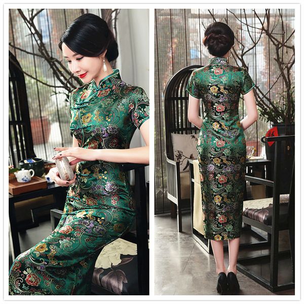 

sheah green cheongsam satin tang suit daily casual qipao dress s-3xl retro summer qipao dress vestidos mujer 2018, Red