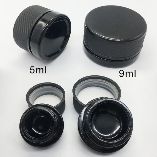 

5ml 9ml Black Wax Oil Glass Jars Child Resitant Proof Black Lid e liquid Dab Glass Containers Dry Herbal Flowers Storage Glass Bottles