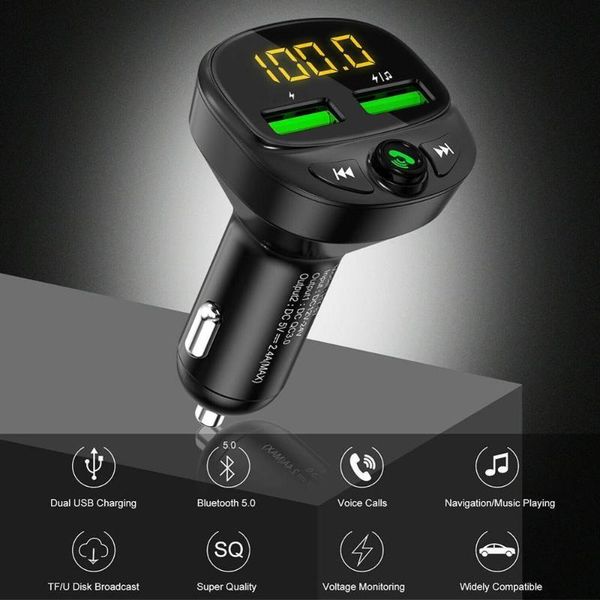 

new bluetooth 5.0 handscar kit fm transmitter 3.1a quick dual usb charger lcd digital voltmeter tf card u disk aux player