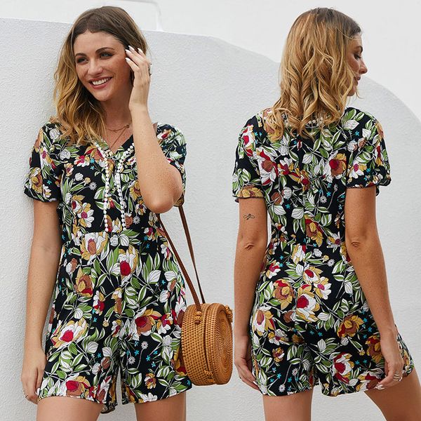

fashion newly summer for 2019 women v neck short sleeve high waist jumpsuit for summer beach party holiday a66, Black;white