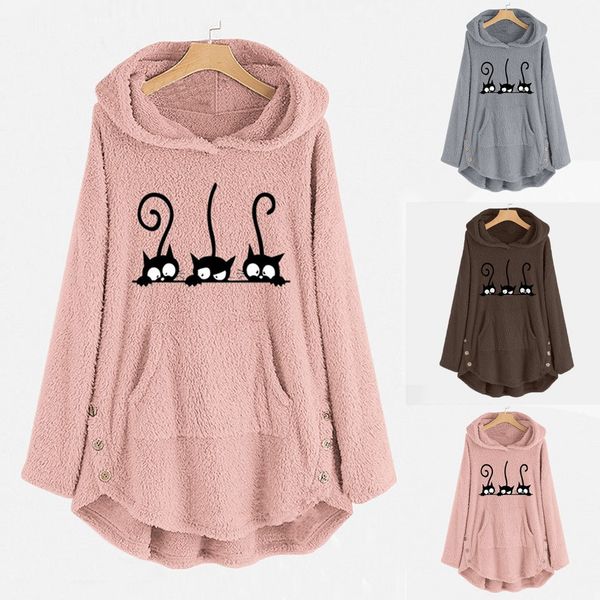 

womens winter plush warm coat fleece cat embroidery warm hoodie plus size button lady pocket outwear long pullover new, Black;brown